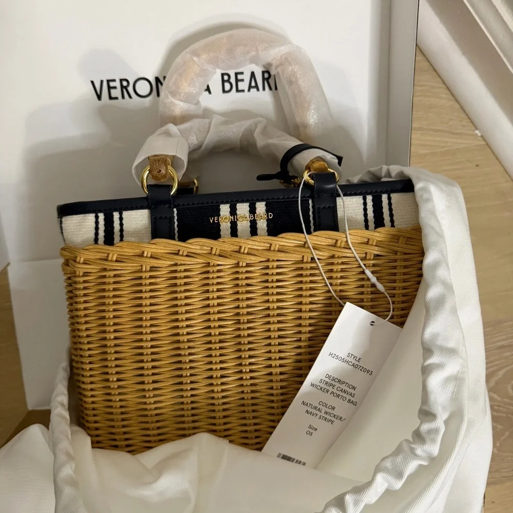Veronica Beard Porto Crossbody Bag Natural Wicker & Navy Canvas Stripe - NWT